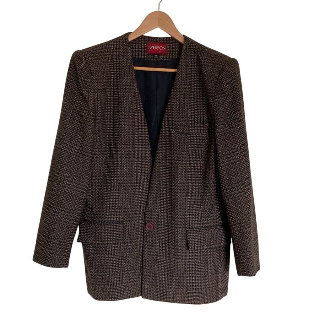 Vintage Sasson Womens One Button Tweed Blazer Brown Black Size 16 Classic‎